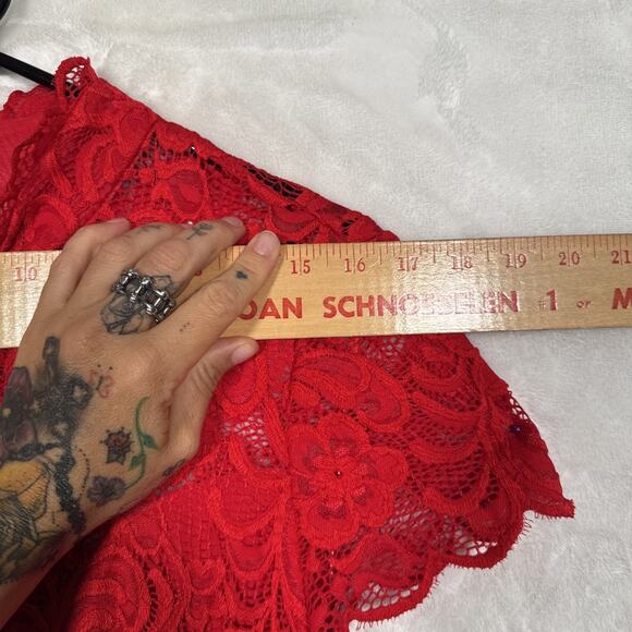 bebe Red Goth Lace Keyhole Back Top LG | Vintage Y2K Sheer Floral High Neck - Picture 8 of 11